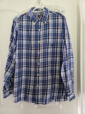 Chaps Men's Navy and White Plaid Button-Down Shirt